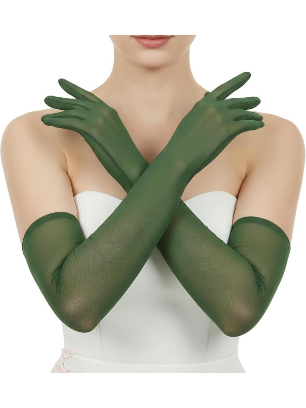 Women Green Mesh Elbow Length Tulle Sleeves Long Stretchy Wedding Bridal Gloves